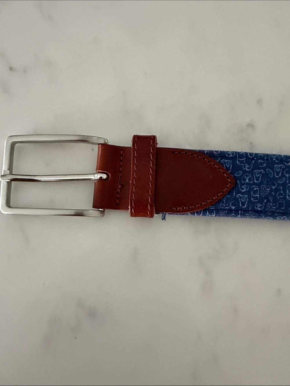 Peter Millar Blue Cocktail Patterned Canvas Belt with Brown Leather Accents